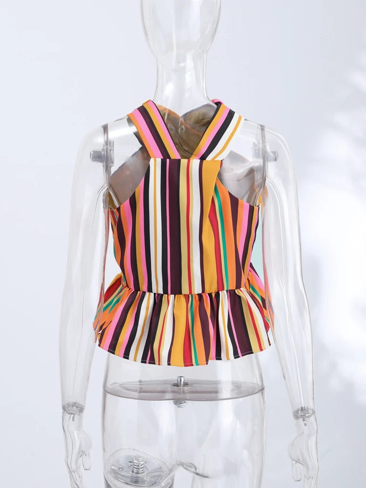 Sexy Striped Halter Tops Women's Ruffles Hem Colorful Sleeveless Backless Loose Vest 2026 Summer New Lady Fashion Beach T-shirt