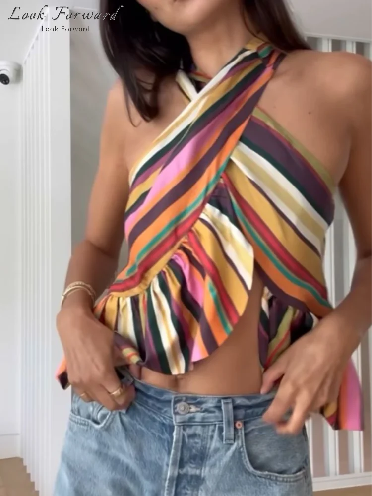 Sexy Striped Halter Tops Women's Ruffles Hem Colorful Sleeveless Backless Loose Vest 2026 Summer New Lady Fashion Beach T-shirt