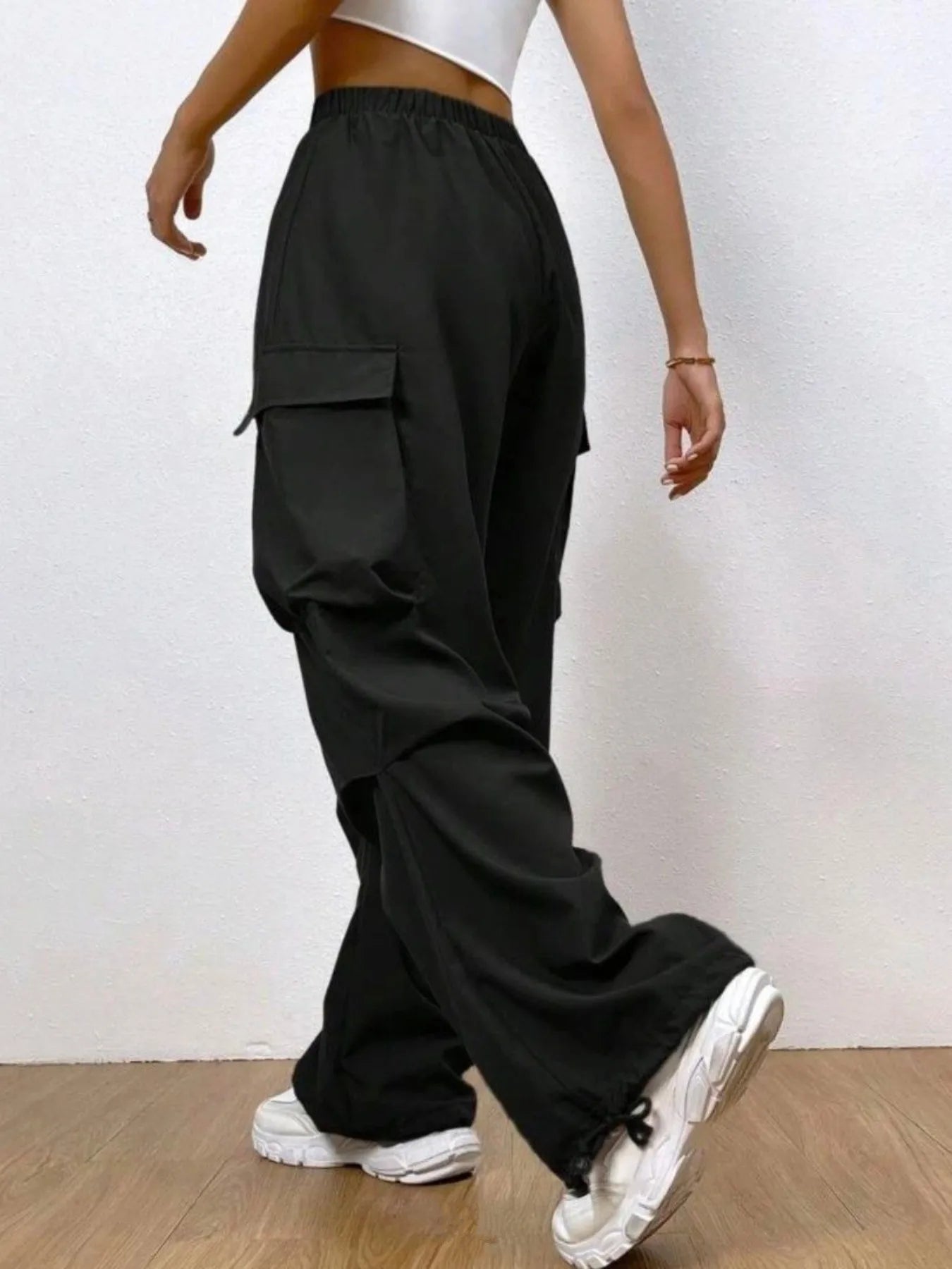 Plain Flap Pockets Sporty Pants, Loose Fit Side Drawstring Outdoor Casual Trousers, Women's Activewear