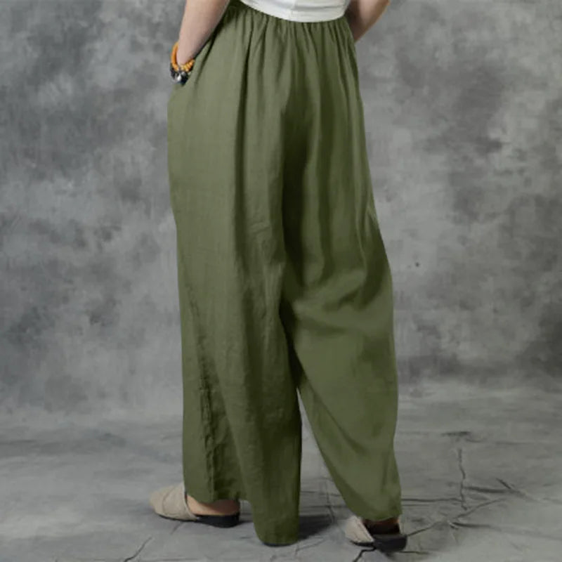 Boho Cotton Linen Pants for Women Comfortable Elastic Waist Drawstring Wide Leg Trousers Loose Fit Flowy Summer Pants