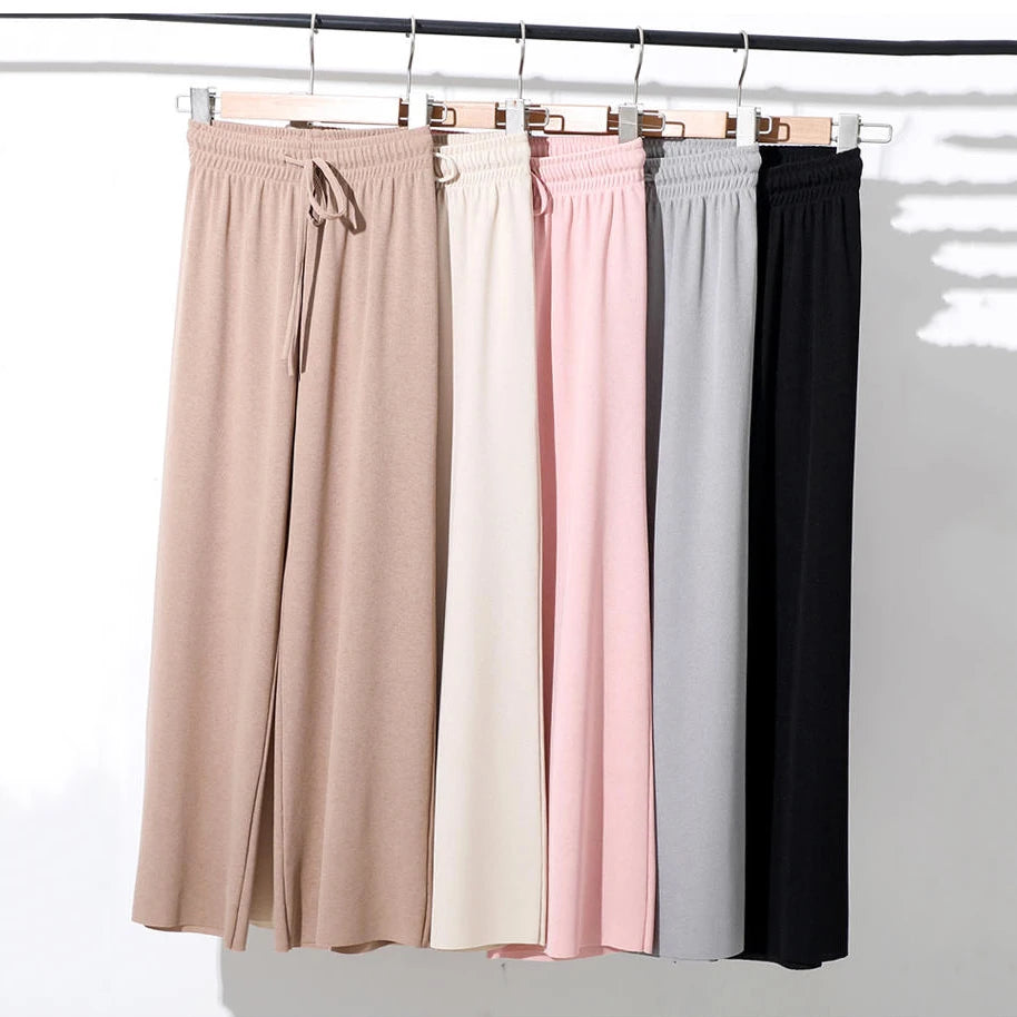 Slacks Women's Loose Summer Pants Soft Ice Silk Ankle-Length Black Wide Leg Pants Grey Khaki Women High Waisted Trousers 2026