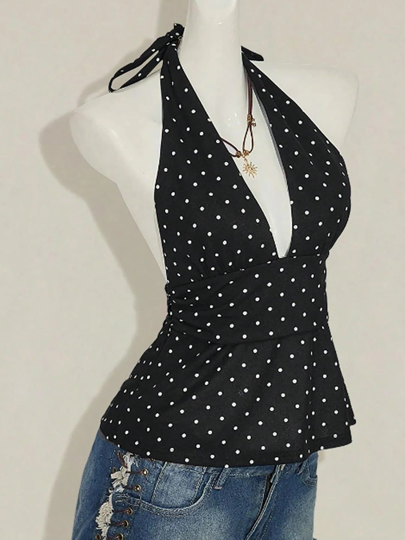 Summer neck hanging polka dot vest, big backless sexy suspender, waist cinching elegant temperament top for women