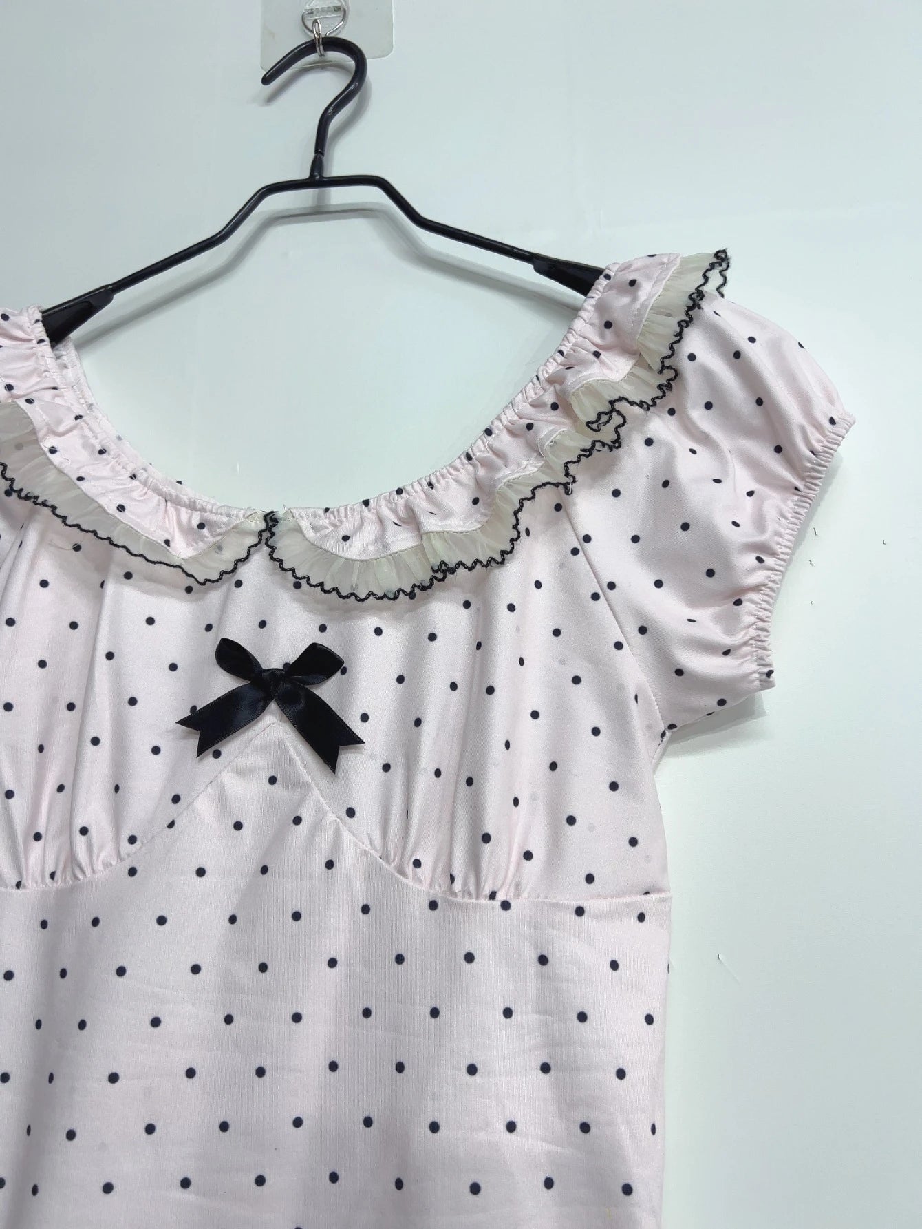Women Summer Korean Fashion Sweet Bow Tops Vintage Cute Y2K Polka Dot Print Slim Fit Japan Lace Shirt Short Sleeve 2000s Clothes