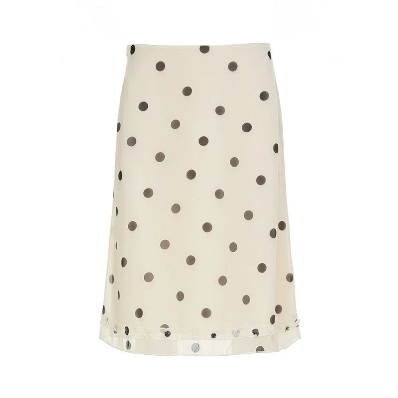 Casual Women Polka Dot Skirts Lettuce Trim Beige Elegant Midi Skirts Streetwear Simple All-match Bottom Clothing Spring