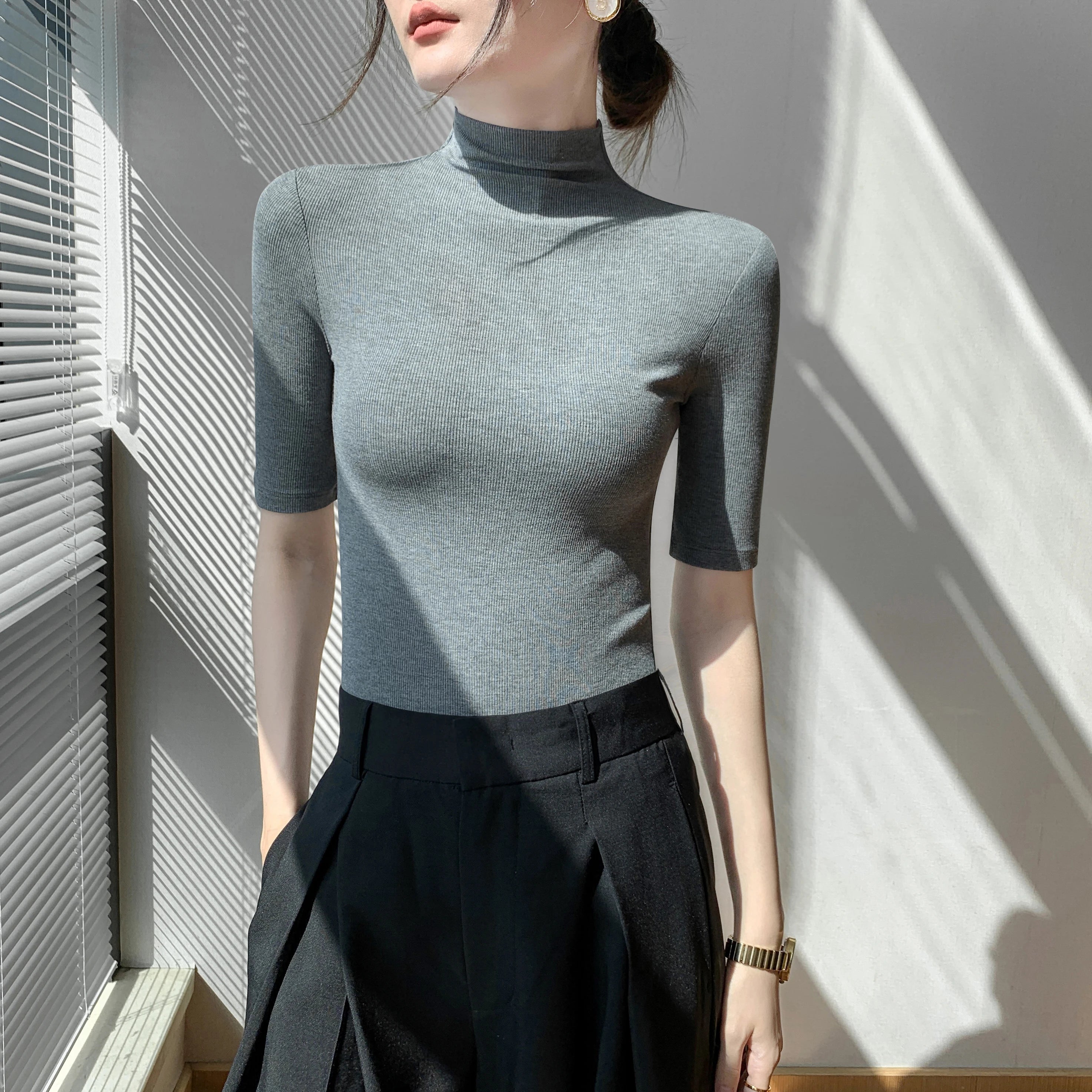 Turtleneck Sweater Bottom Shirt Women's Medium Sleeve Short Sleeve Tops Spring Summer Autumn Slim Black Knit Inside t-shirt Soft