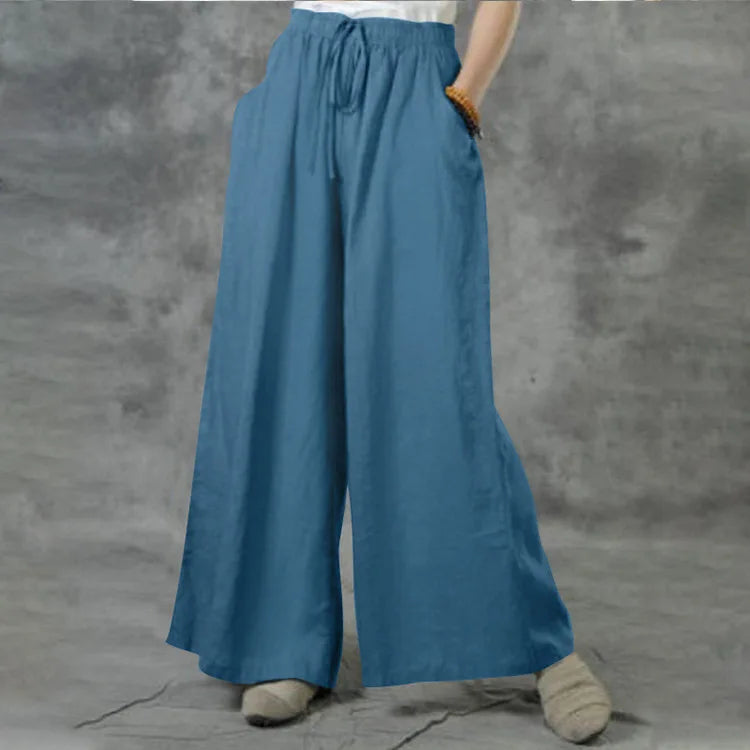 Boho Cotton Linen Pants for Women Comfortable Elastic Waist Drawstring Wide Leg Trousers Loose Fit Flowy Summer Pants