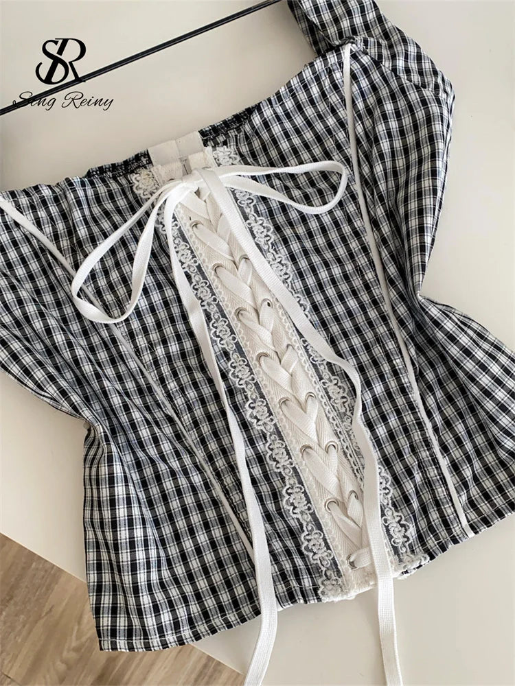 SINGREINY Gingham Hotsweet Corset Top Summer Lace Splice Lace Up Square Collar Slim Tank Top Office Lady Women Y2K Bodycon Camis