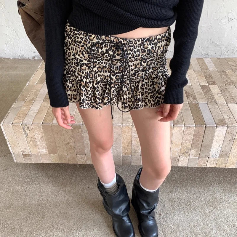 2025 Fall Leopard Print Mini Skirt Retro American Style Drawstr...