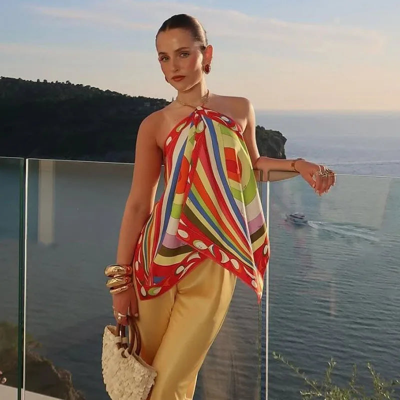 Sexy Striped Halter Tops Women's Ruffles Hem Colorful Sleeveless Backless Loose Vest 2026 Summer New Lady Fashion Beach T-shirt
