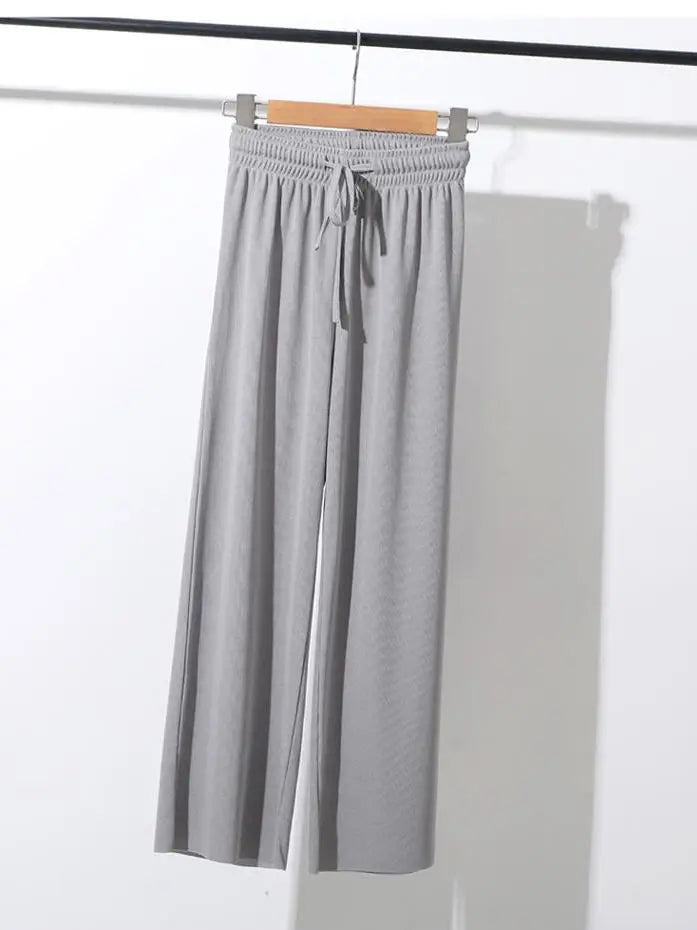 Slacks Women's Loose Summer Pants Soft Ice Silk Ankle-Length Black Wide Leg Pants Grey Khaki Women High Waisted Trousers 2026