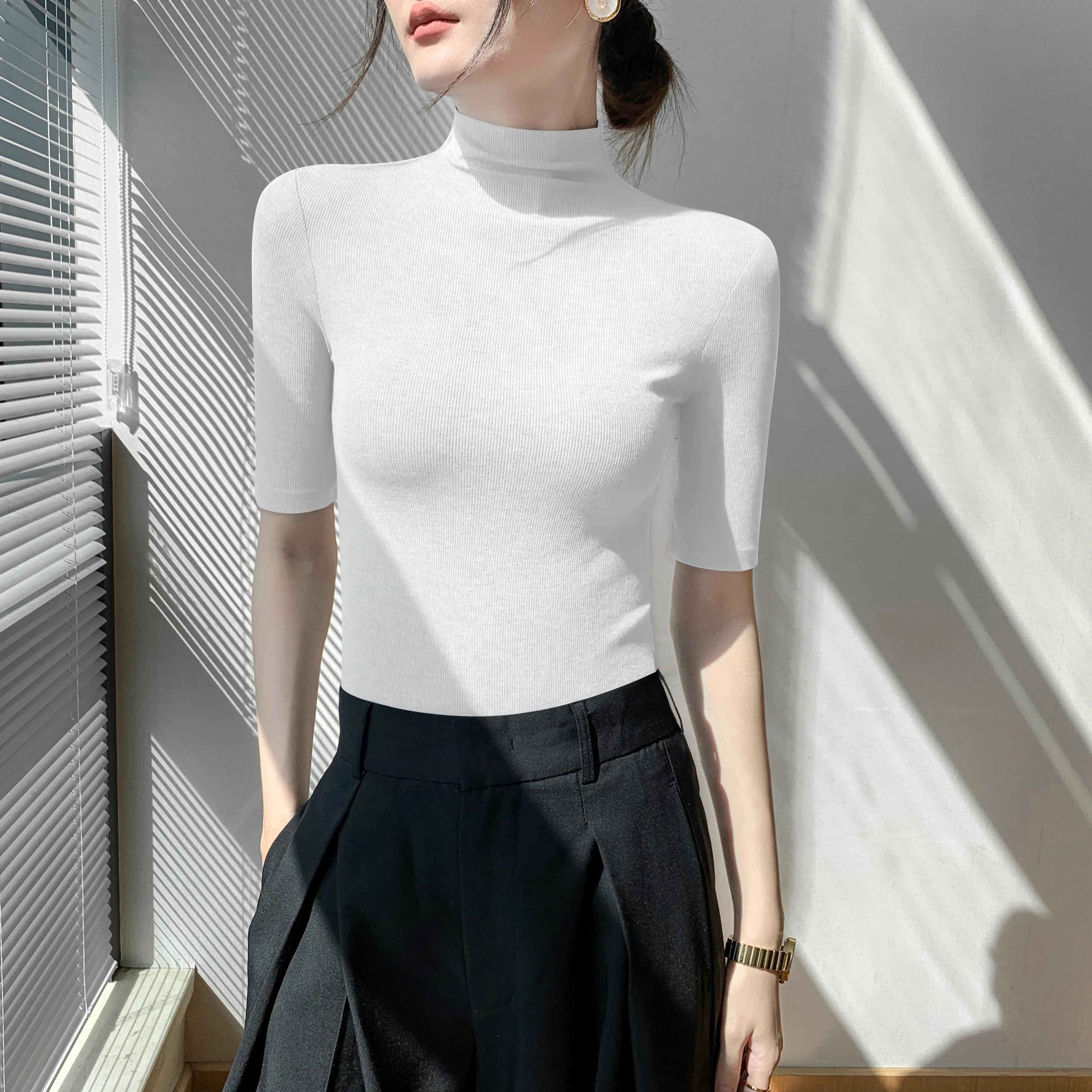 Turtleneck Sweater Bottom Shirt Women's Medium Sleeve Short Sleeve Tops Spring Summer Autumn Slim Black Knit Inside t-shirt Soft