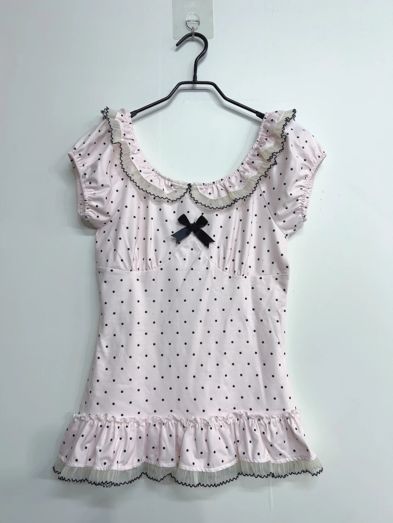 Women Summer Korean Fashion Sweet Bow Tops Vintage Cute Y2K Polka Dot Print Slim Fit Japan Lace Shirt Short Sleeve 2000s Clothes