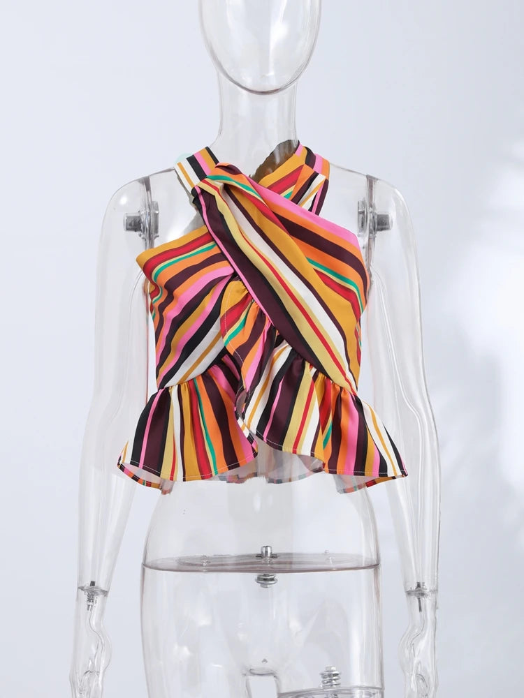 Sexy Striped Halter Tops Women's Ruffles Hem Colorful Sleeveless Backless Loose Vest 2026 Summer New Lady Fashion Beach T-shirt