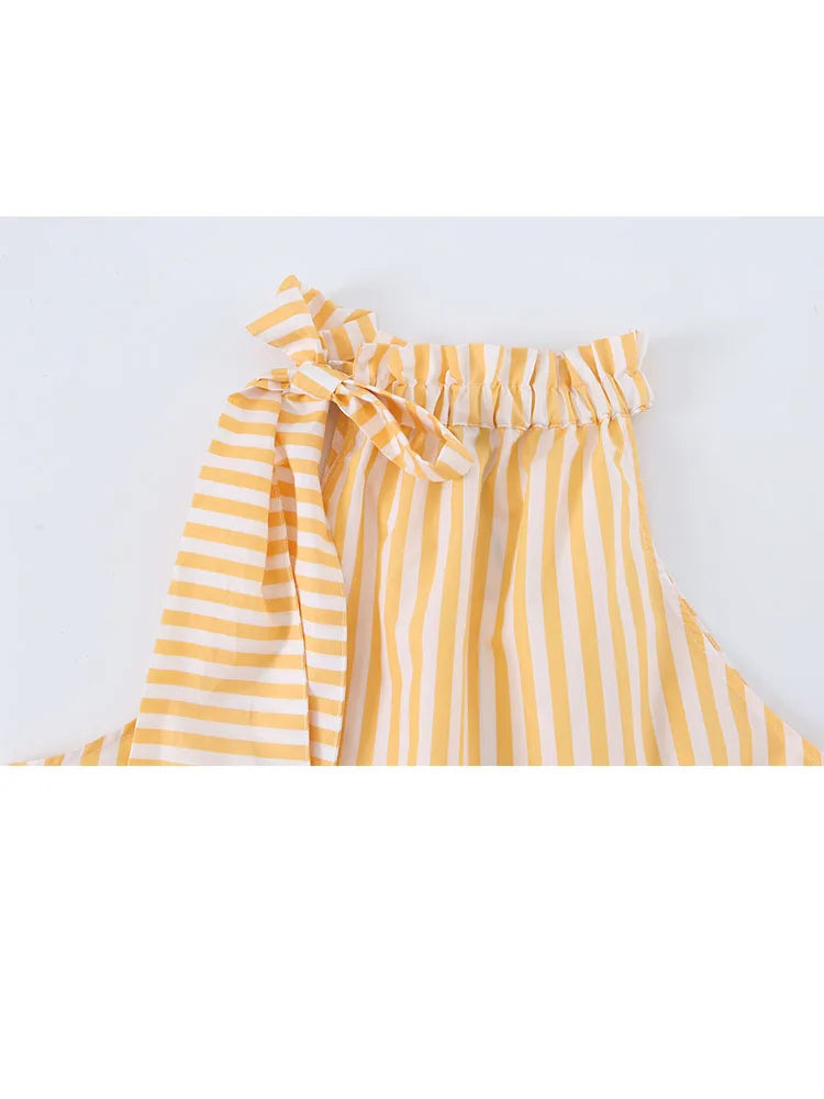 HH Women Summer Spring Preppy Fresh Yellow White Stripe Halter Blouse Spring Ruffle Neck Self Tie Sash Bubble Hem Loose Tank