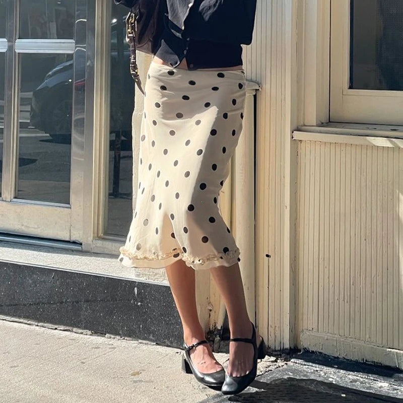 Casual Women Polka Dot Skirts Lettuce Trim Beige Elegant Midi Skirts Streetwear Simple All-match Bottom Clothing Spring