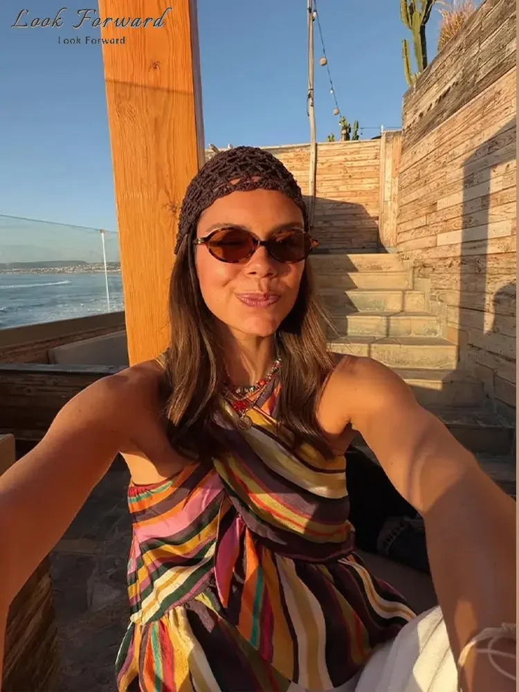 Sexy Striped Halter Tops Women's Ruffles Hem Colorful Sleeveless Backless Loose Vest 2026 Summer New Lady Fashion Beach T-shirt