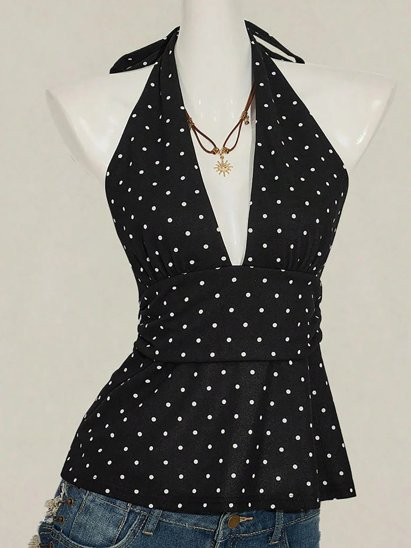 Summer neck hanging polka dot vest, big backless sexy suspender, waist cinching elegant temperament top for women