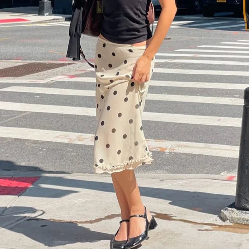 Casual Women Polka Dot Skirts Lettuce Trim Beige Elegant Midi Skirts Streetwear Simple All-match Bottom Clothing Spring