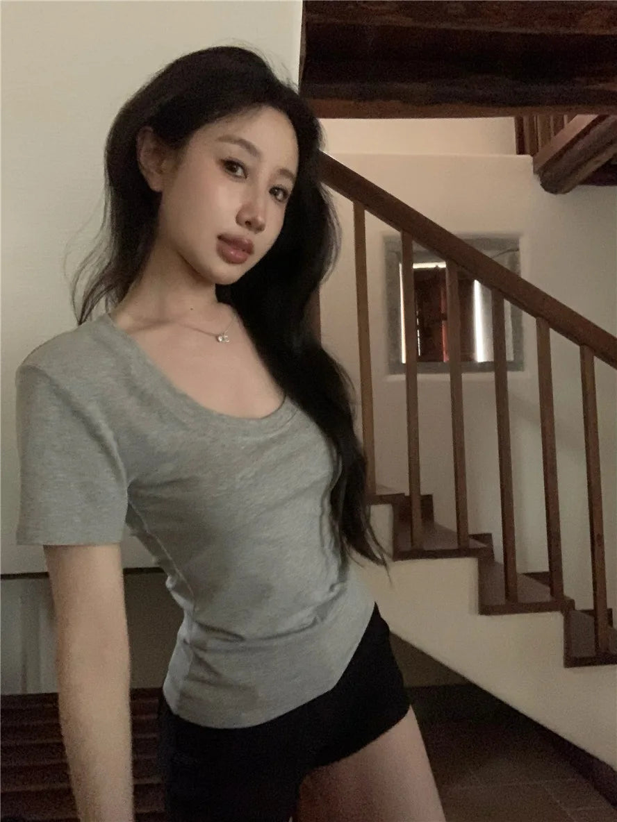 Woman Clothing Short Sleeve T-shirt Slim Fit Tops Female U-Neck Sexy Summer New Tee Shirt Street Wear Solid Casual Crop Tops Y2K