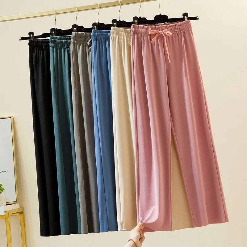 Slacks Women's Loose Summer Pants Soft Ice Silk Ankle-Length Black Wide Leg Pants Grey Khaki Women High Waisted Trousers 2026
