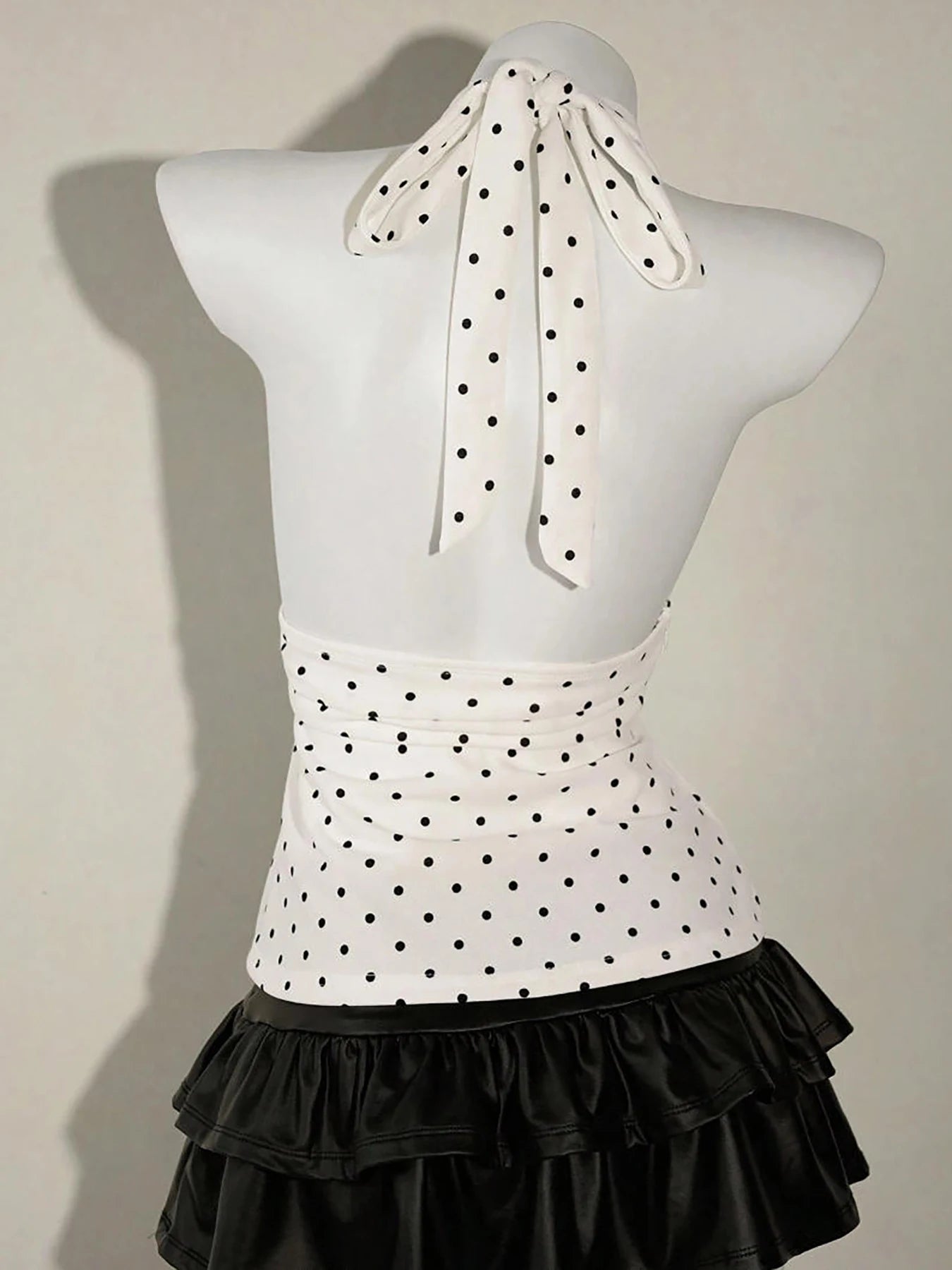 Summer neck hanging polka dot vest, big backless sexy suspender, waist cinching elegant temperament top for women