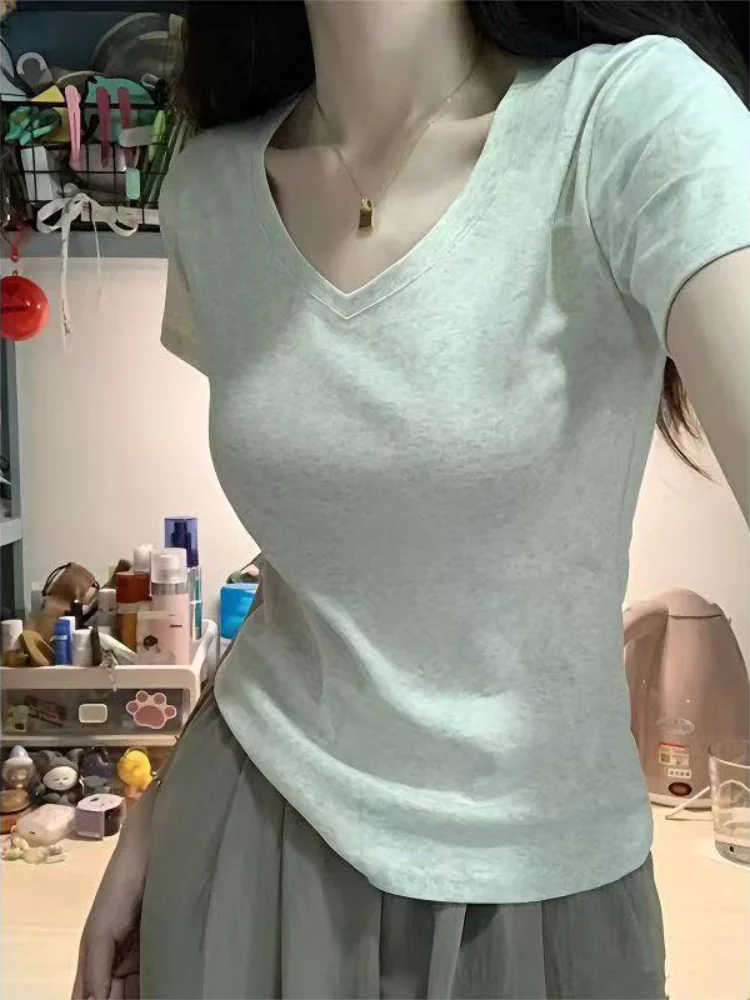 Fashion Women's T-shirt Summer Short Sleeved Cotton V-neck Casual Top Basic Solid Color Slim Daily Wear Clothing