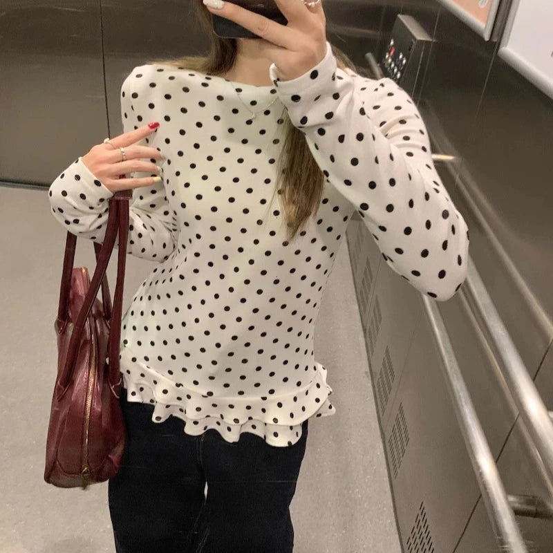 Korean Style New Ruffle Trim Long Sleeve T-Shirt For Women Polka Dot Thin Interior Top Sweet Shirts Women Clothes милый топ