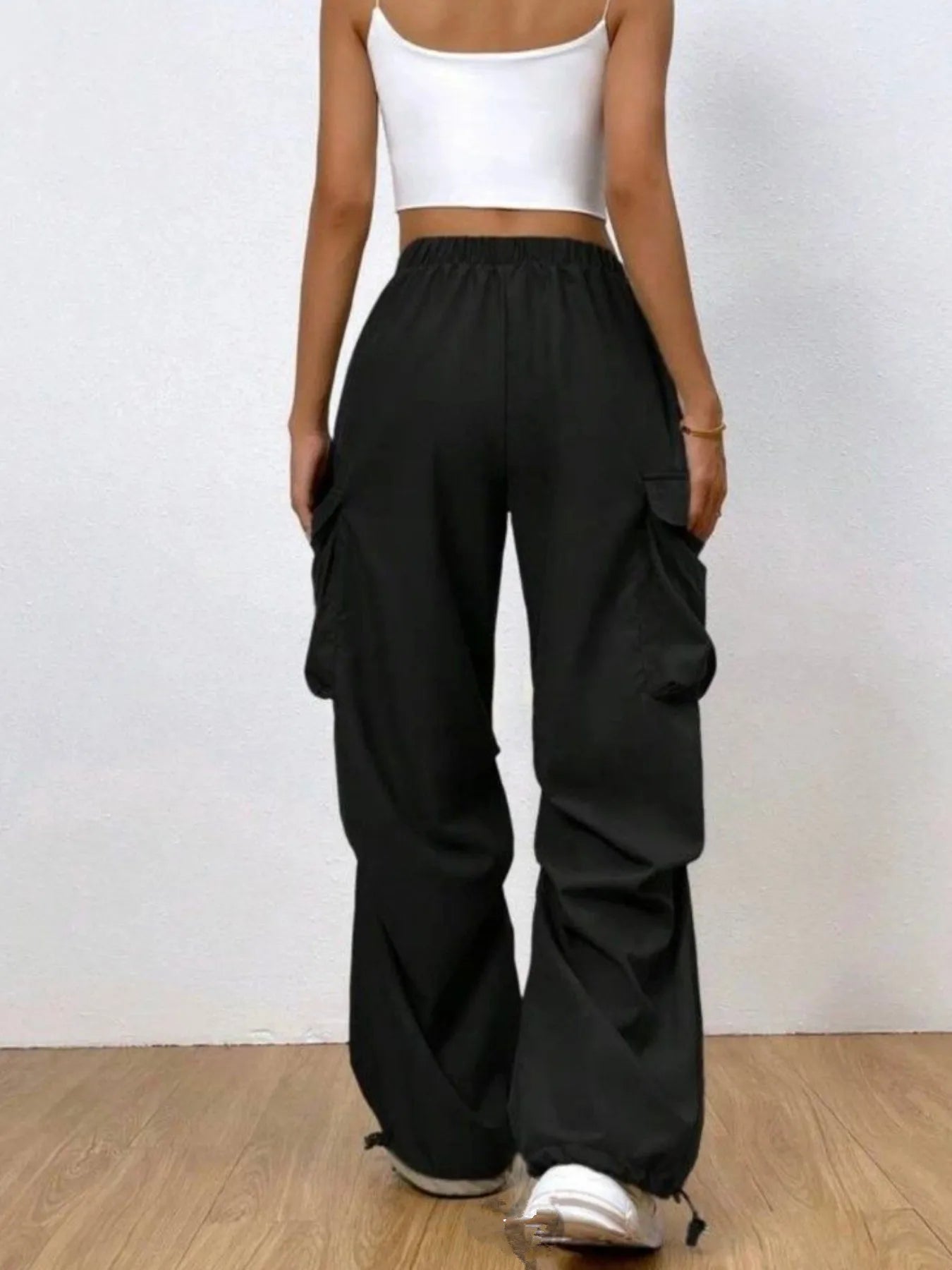Plain Flap Pockets Sporty Pants, Loose Fit Side Drawstring Outdoor Casual Trousers, Women's Activewear