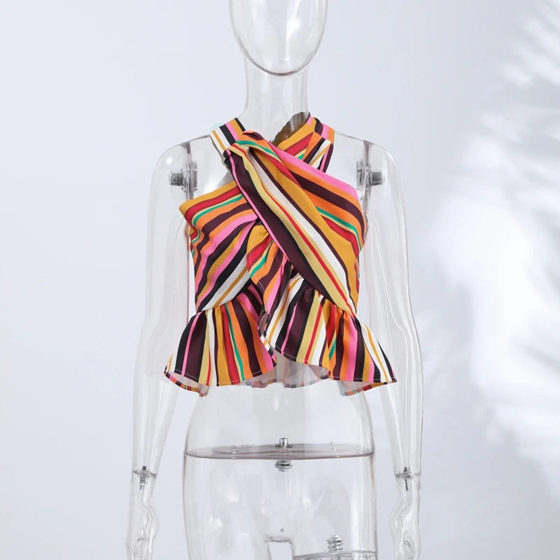 Sexy Striped Halter Tops Women's Ruffles Hem Colorful Sleeveless Backless Loose Vest 2026 Summer New Lady Fashion Beach T-shirt
