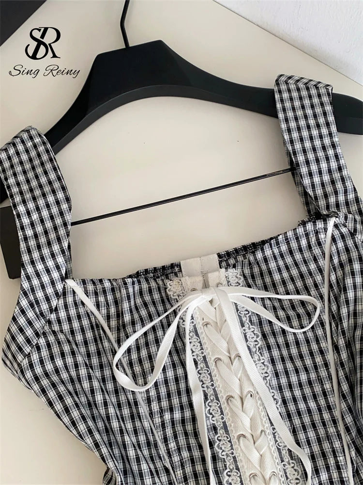 SINGREINY Gingham Hotsweet Corset Top Summer Lace Splice Lace Up Square Collar Slim Tank Top Office Lady Women Y2K Bodycon Camis