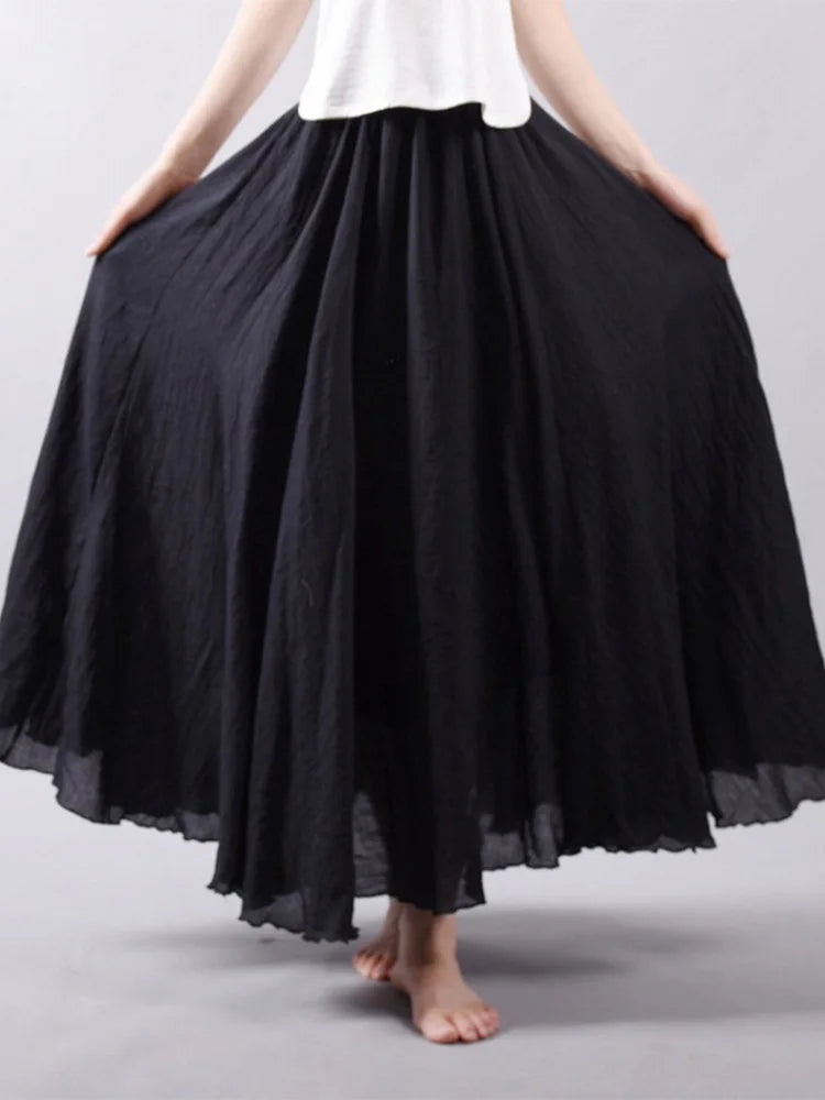 Women's Elegant High Waist Linen Maxi Skirt 2024 Summer Ladies Casual Elastic Waist 2 Layers Skirts saia feminina