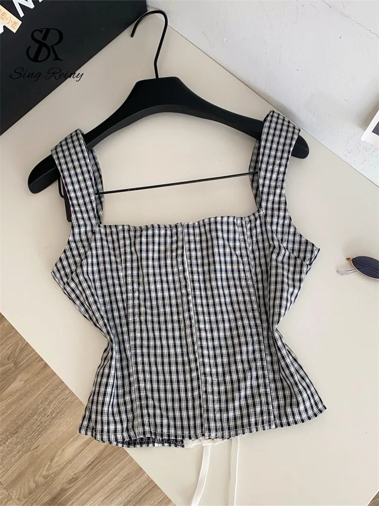 SINGREINY Gingham Hotsweet Corset Top Summer Lace Splice Lace Up Square Collar Slim Tank Top Office Lady Women Y2K Bodycon Camis