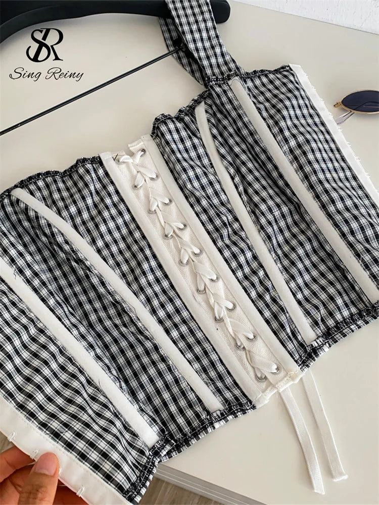 SINGREINY Gingham Hotsweet Corset Top Summer Lace Splice Lace Up Square Collar Slim Tank Top Office Lady Women Y2K Bodycon Camis