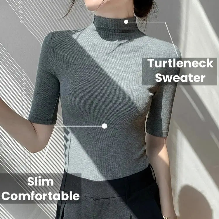 Turtleneck Sweater Bottom Shirt Women's Medium Sleeve Short Sleeve Tops Spring Summer Autumn Slim Black Knit Inside t-shirt Soft