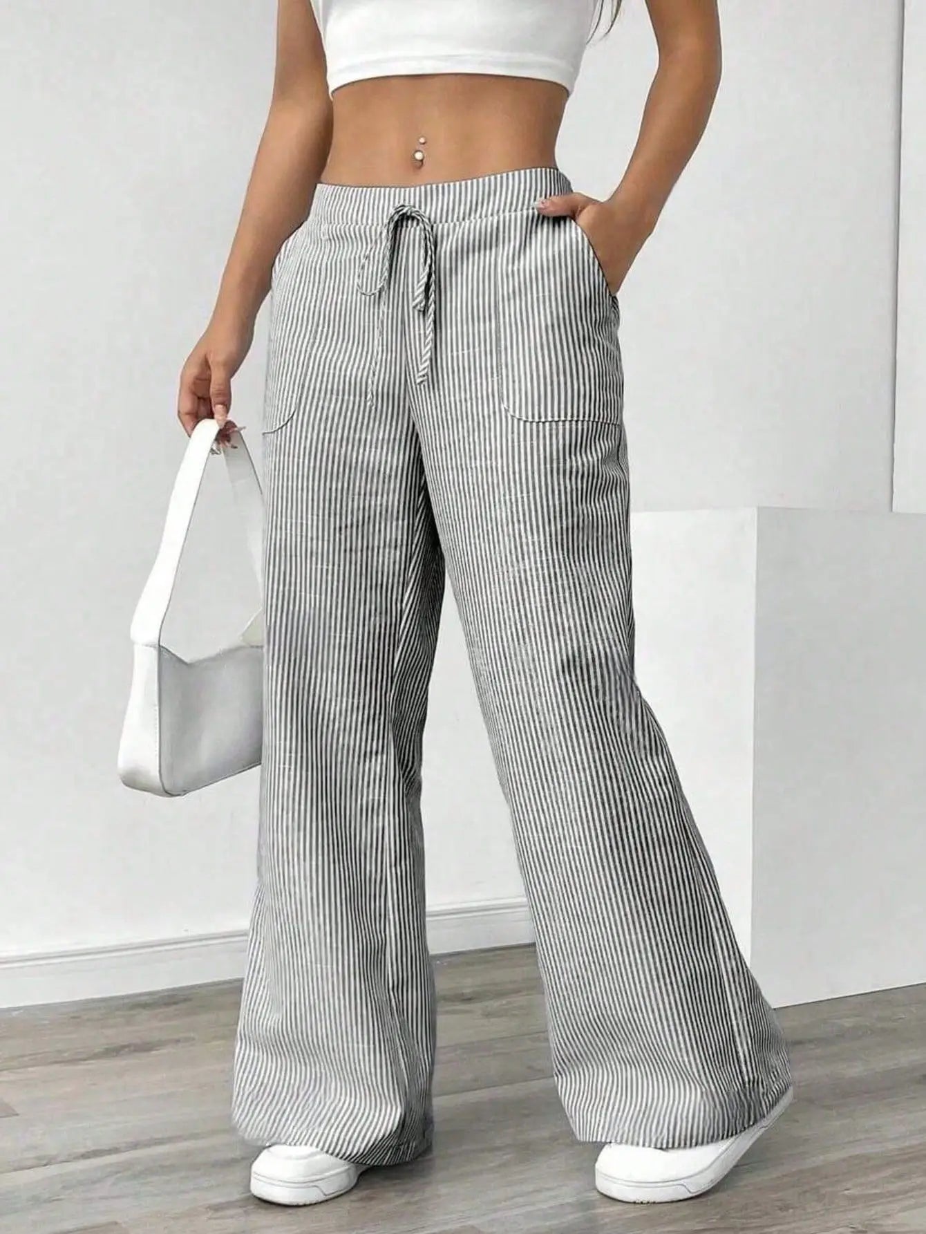 Summer new striped drawstring wide leg pants for women, high waisted, loose fit, slimming, casual straight leg, hanging pants