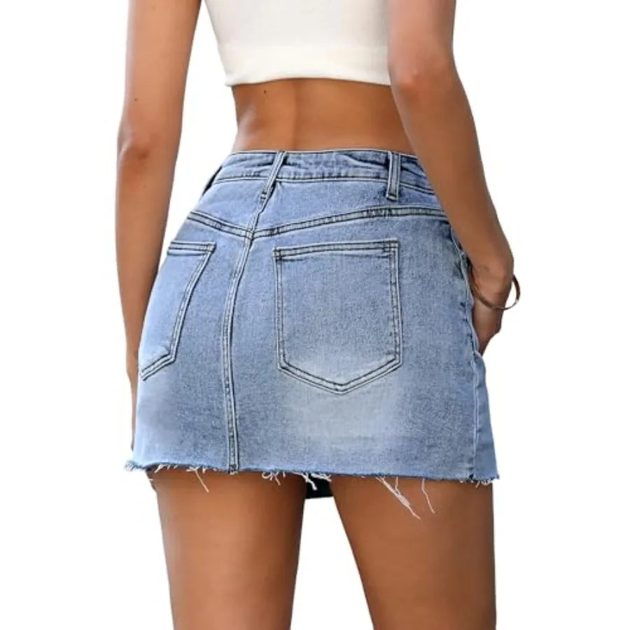 ELLEVEN Denim Skirt with Shorts Mini Skort - Casual Jean Skirts with Raw Hem and Pockets