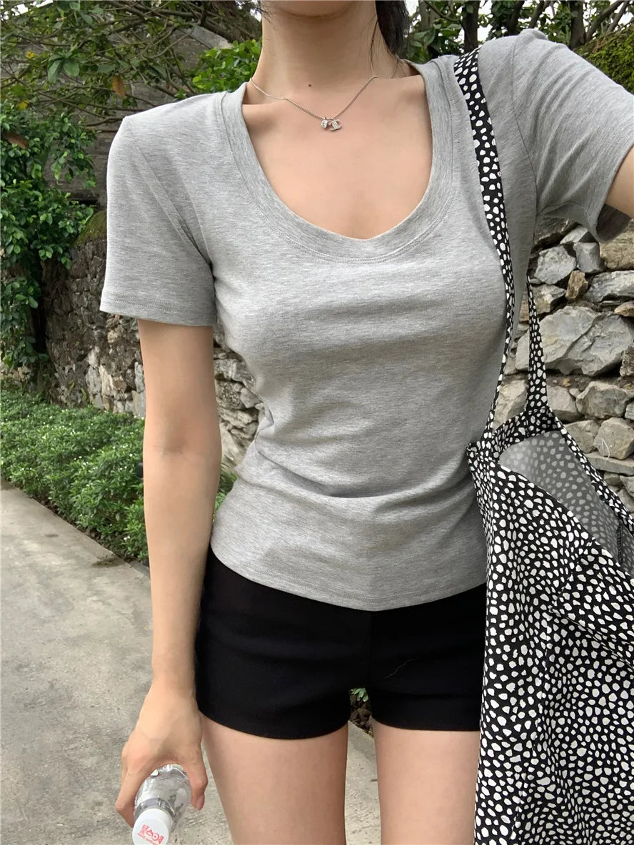 Woman Clothing Short Sleeve T-shirt Slim Fit Tops Female U-Neck Sexy Summer New Tee Shirt Street Wear Solid Casual Crop Tops Y2K