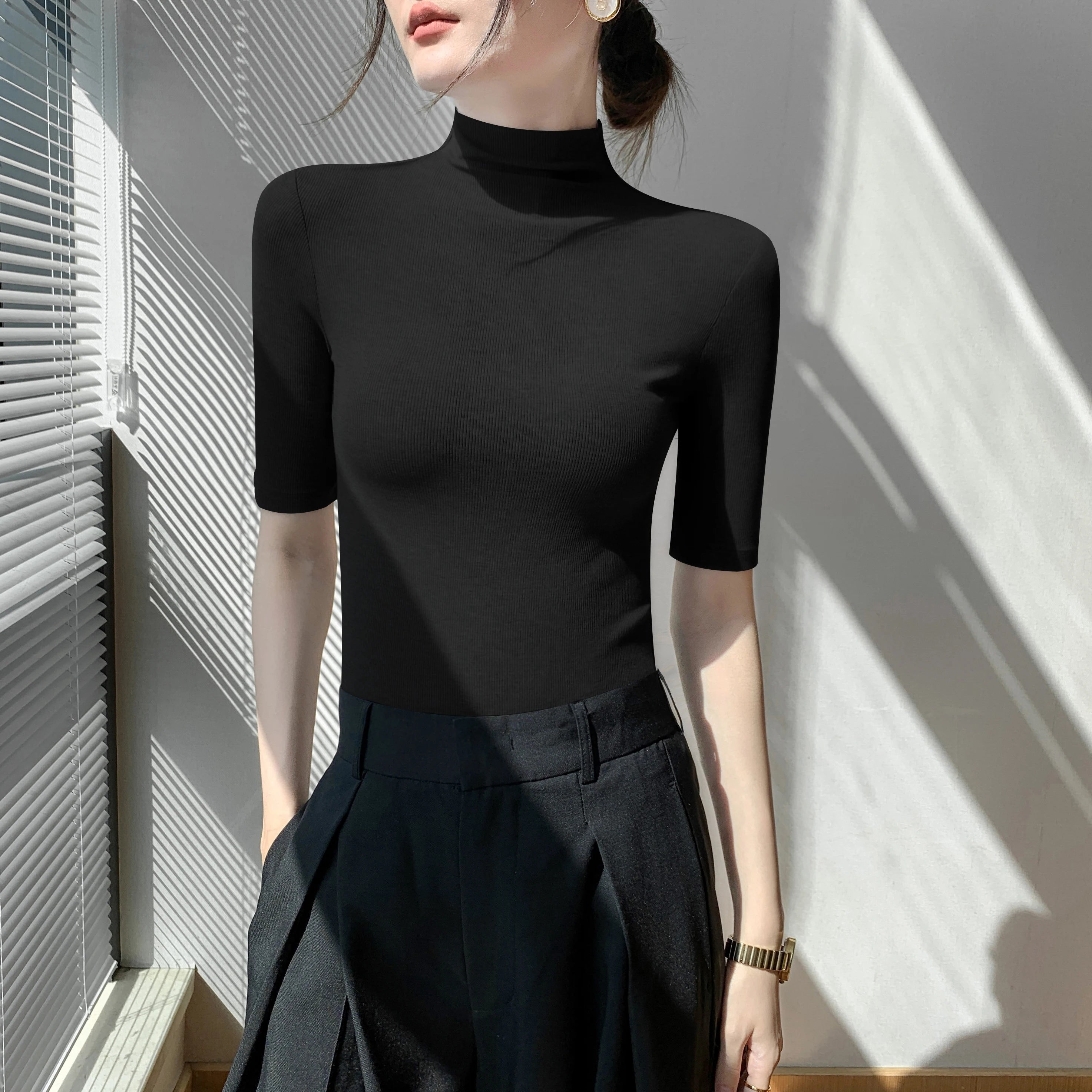 Turtleneck Sweater Bottom Shirt Women's Medium Sleeve Short Sleeve Tops Spring Summer Autumn Slim Black Knit Inside t-shirt Soft
