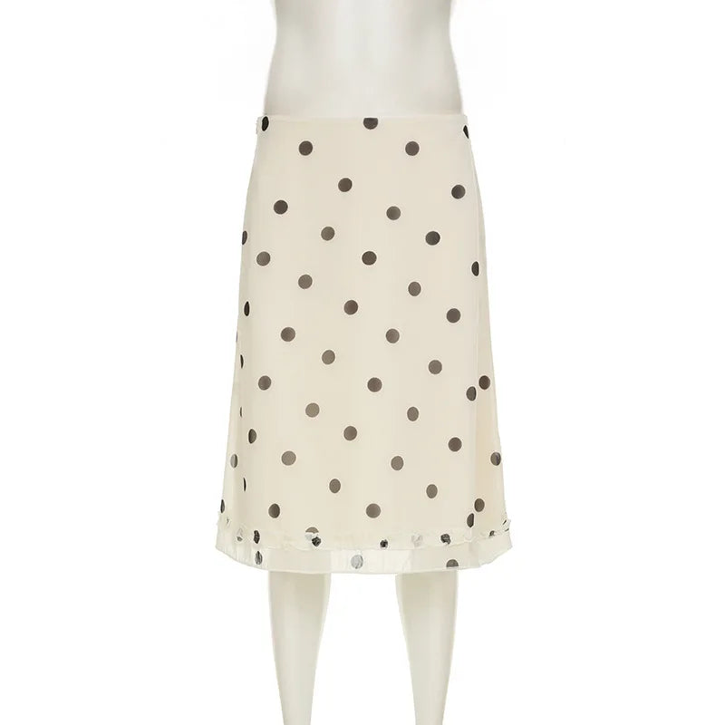 Casual Women Polka Dot Skirts Lettuce Trim Beige Elegant Midi Skirts Streetwear Simple All-match Bottom Clothing Spring