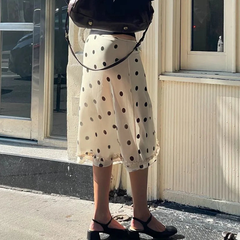 Casual Women Polka Dot Skirts Lettuce Trim Beige Elegant Midi Skirts Streetwear Simple All-match Bottom Clothing Spring
