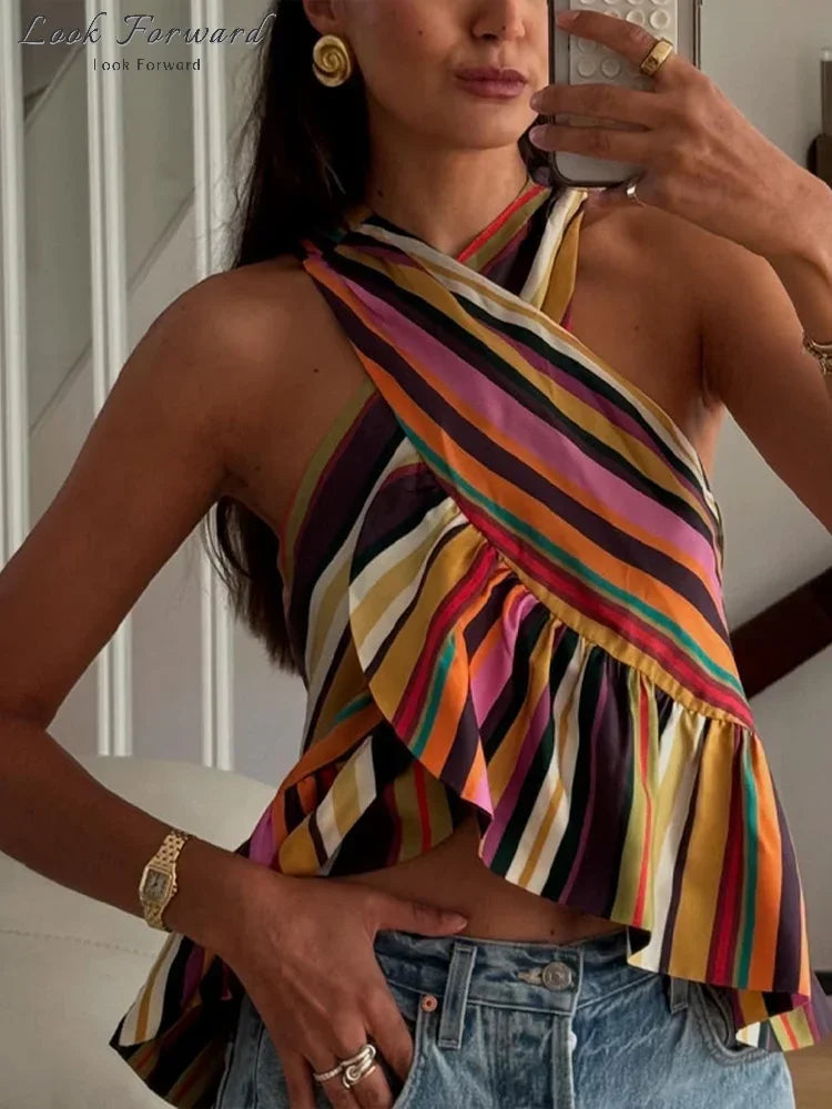 Sexy Striped Halter Tops Women's Ruffles Hem Colorful Sleeveless Backless Loose Vest 2026 Summer New Lady Fashion Beach T-shirt