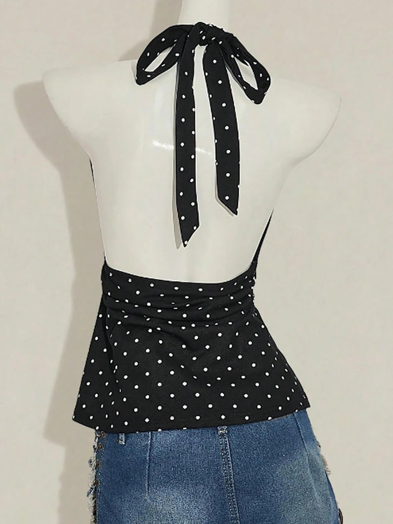 Summer neck hanging polka dot vest, big backless sexy suspender, waist cinching elegant temperament top for women