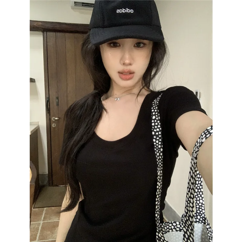 Woman Clothing Short Sleeve T-shirt Slim Fit Tops Female U-Neck Sexy Summer New Tee Shirt Street Wear Solid Casual Crop Tops Y2K