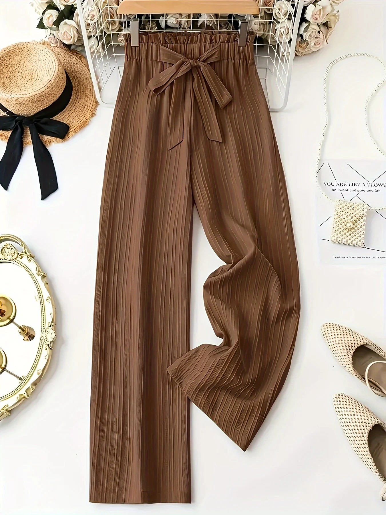 Summer casual, elegant and comfortable women's high waisted elastic waistband, bow details, loose wide leg pants, long pants