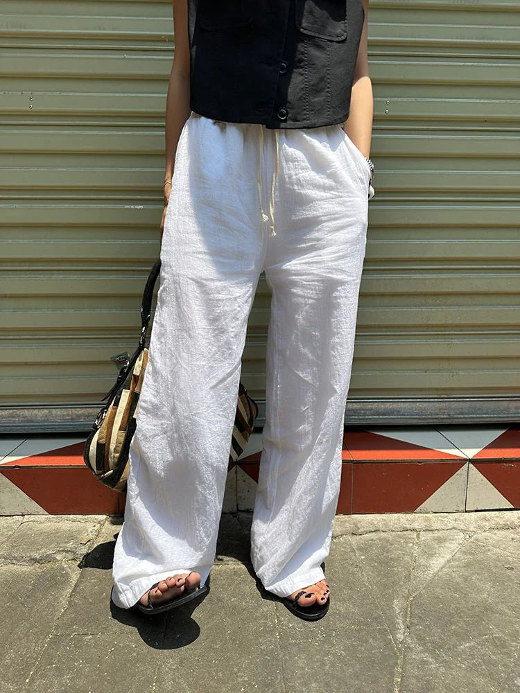 White Wide Leg Pants Women Summer High Waist Relaxed Fit Casual Trousers Loose Floor Length