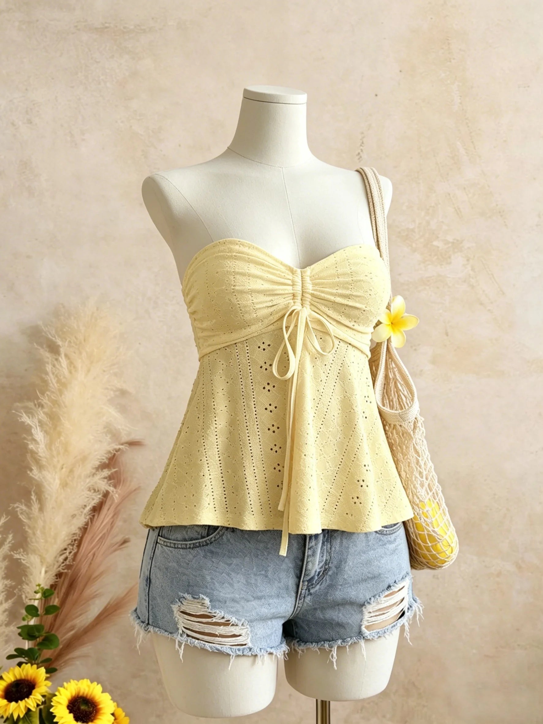 Women Yellow Eyelet Lace Tube Top Casual Ruched Tie Front Peplum Strapless Camisole