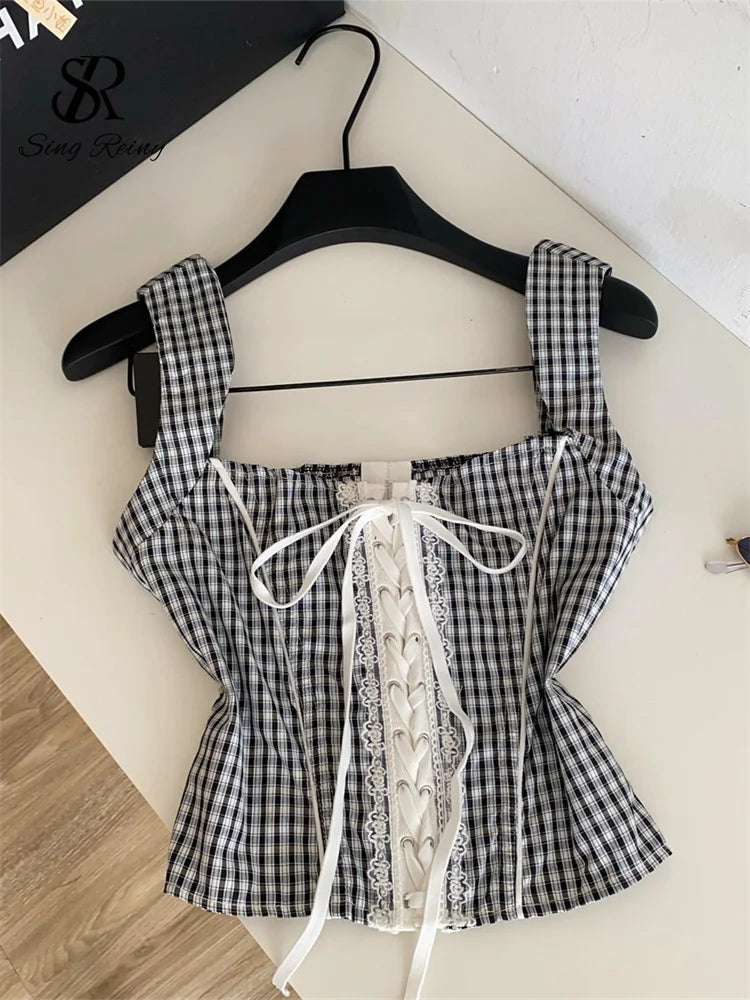 SINGREINY Gingham Hotsweet Corset Top Summer Lace Splice Lace Up Square Collar Slim Tank Top Office Lady Women Y2K Bodycon Camis