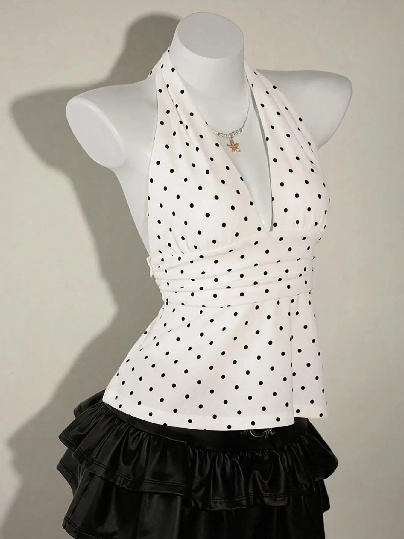 Summer neck hanging polka dot vest, big backless sexy suspender, waist cinching elegant temperament top for women