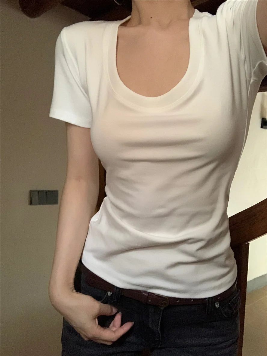 Woman Clothing Short Sleeve T-shirt Slim Fit Tops Female U-Neck Sexy Summer New Tee Shirt Street Wear Solid Casual Crop Tops Y2K