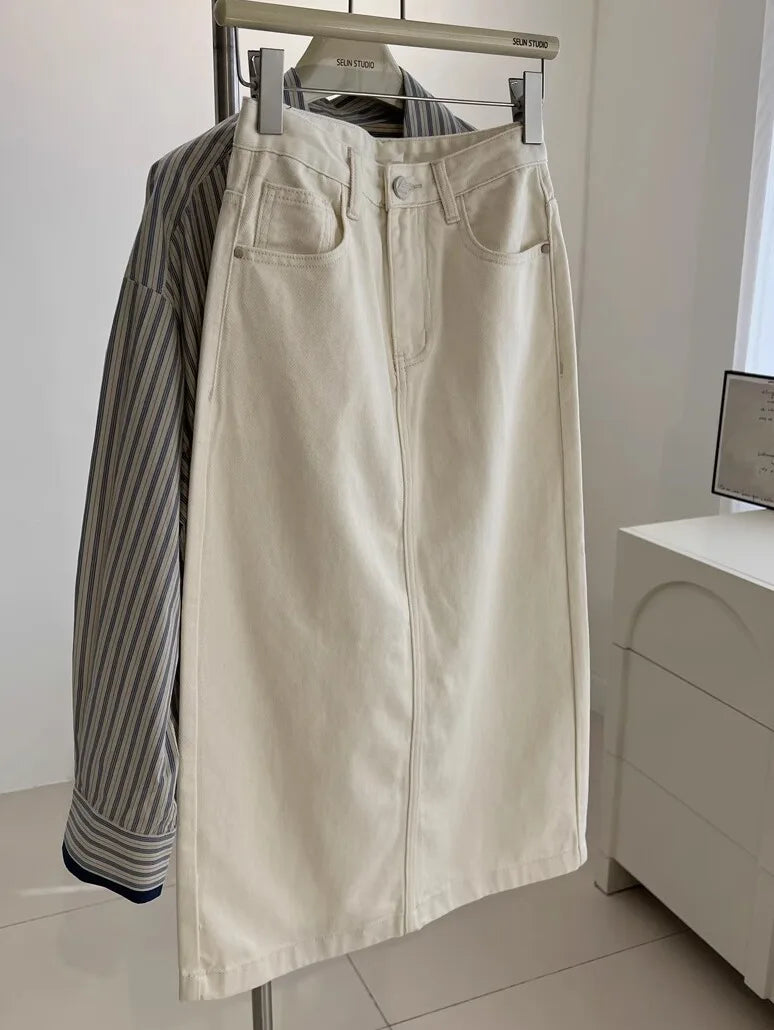 Elegant High Waist A-Line Midi Denim Skirt Women's Versatile Slimming Half-length Skirts Korean Style Commute Pocket Design